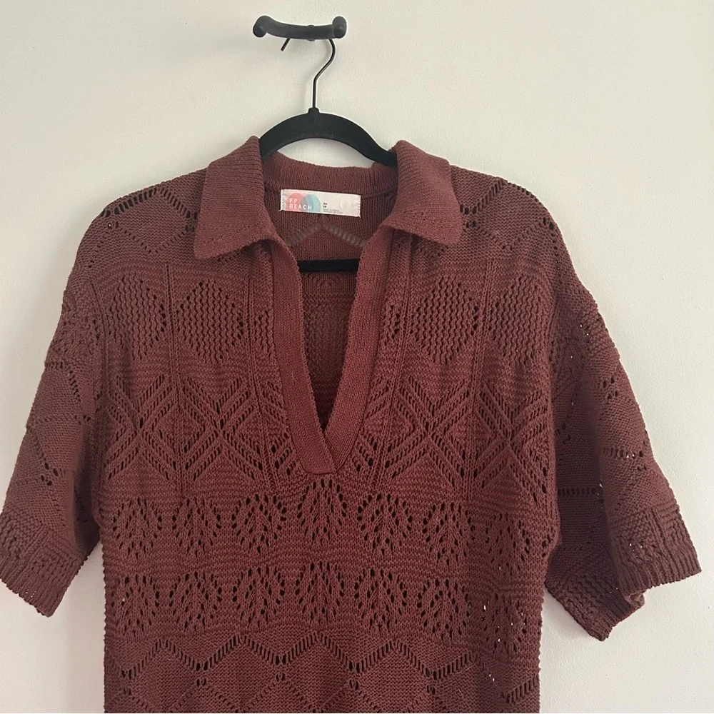 Free People FP Beach Crochet Knit Eyelet Sweater‎ Dress Maxi in Brown